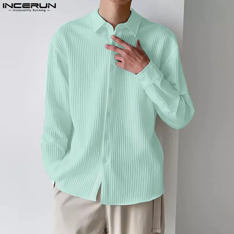 Fashion Summer New Men's Clothing Tops INCERUN 2024 Simple Striped Shirts Casual Streetwear Male Solid Long Sleeved Blouse S-5XL