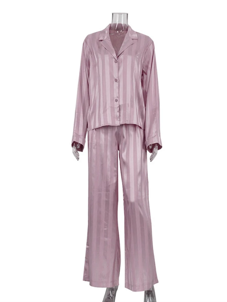 

Fashion Stripe Turn-down Collar Top Pant Suit Casual Full Sleeve Single Breasted Top Loose Leg Pants Sets Lady Summer Chic Set