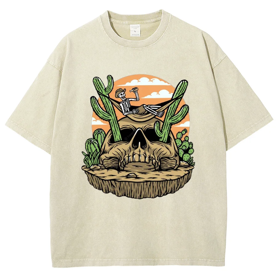 Cartoon Desert Skull Print Women's T-Shirt Breathable Cotton Short-Sleeved Washed Retro Hip Hop Hoodie Loose Sportswears