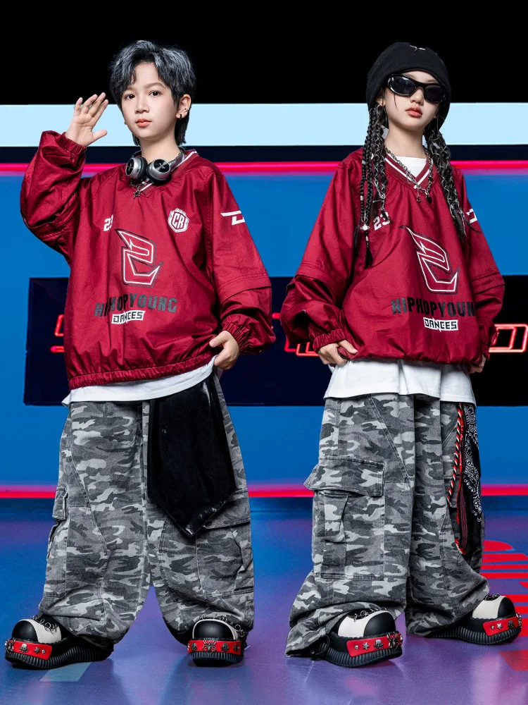 

Крутой пуловер в стиле хип-хоп для девочек, камуфляжные штаны-карго для уличных танцев, пуловеры K-pop для мальчиков, детские комплекты одежды для джаза, детская уличная одежда