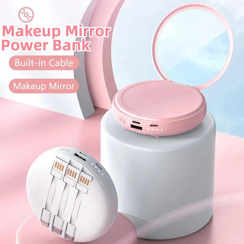 

Mini Power Bank 20000mAh USB C with Makeup Mirror for iPhone Samsung Xiaomi Powerbank Portable Charger with Cable Spare Battery