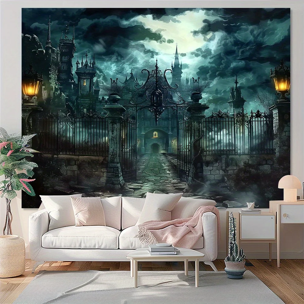 VIKAMA Halloween Gothic Wall Tapestry Gloomy Castle Iron Gate Full Moon Night Scene Dark Mist Cloth Party Decoration