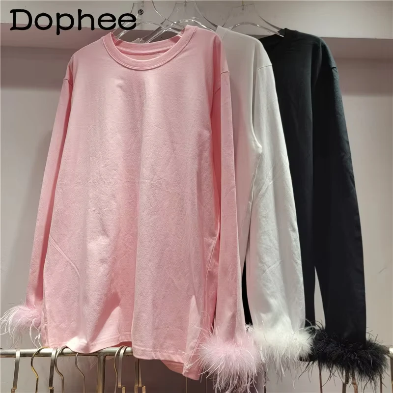 

Feather Cuff Design Bottoming Shirt Women 2024 Autumn and Winter Long-sleeved T-shirt Round Neck Pink Top Oversized T Shirt