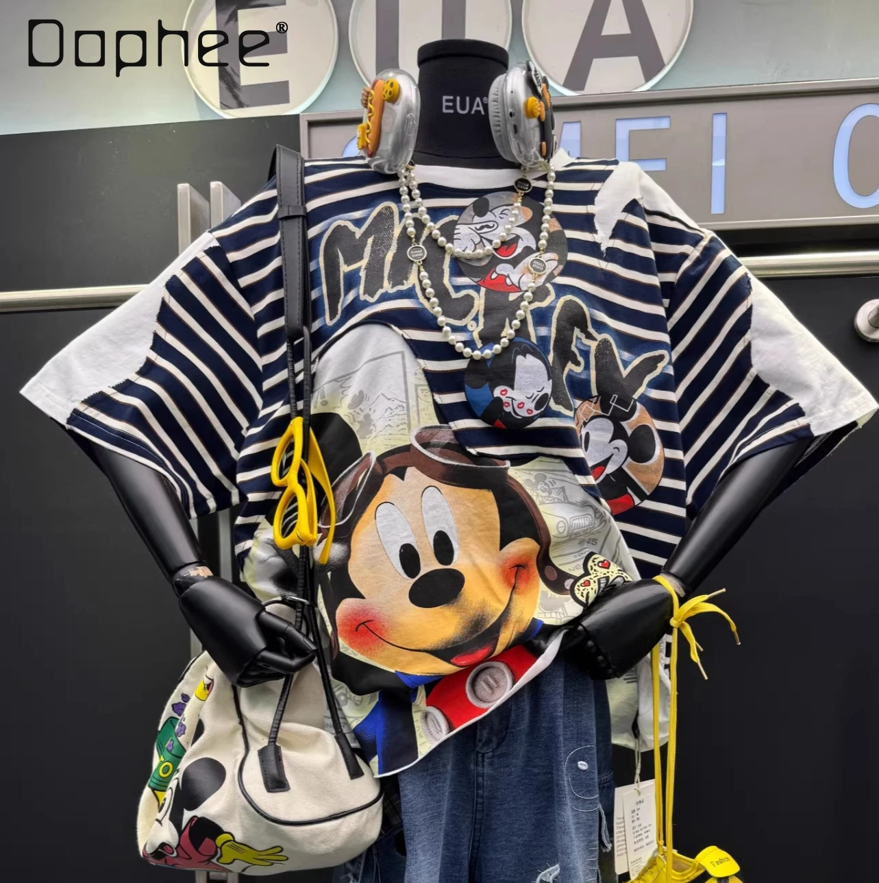 

2026 Spring and Summer New Heavy Industry Striped Splicing Cartoon Short-sleeved T-shirt Women's Fashion Loose Top Tide