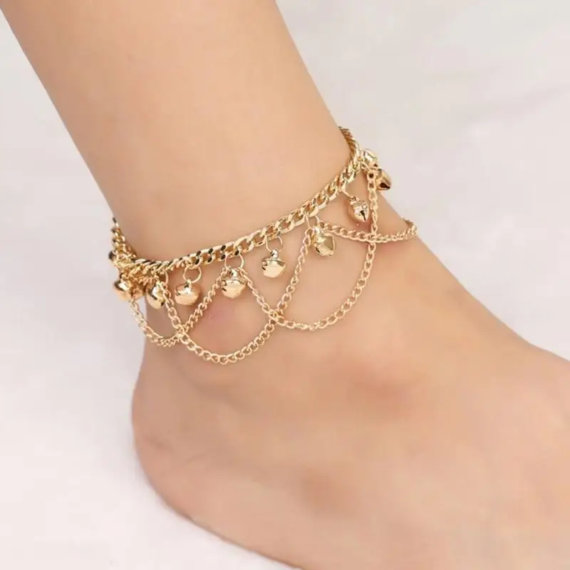 195C Women's Multi-Strand Anklet with Suspended Bells, Draped Alloy Ankle Jewelry with Lobster Clasp and Extension Chain