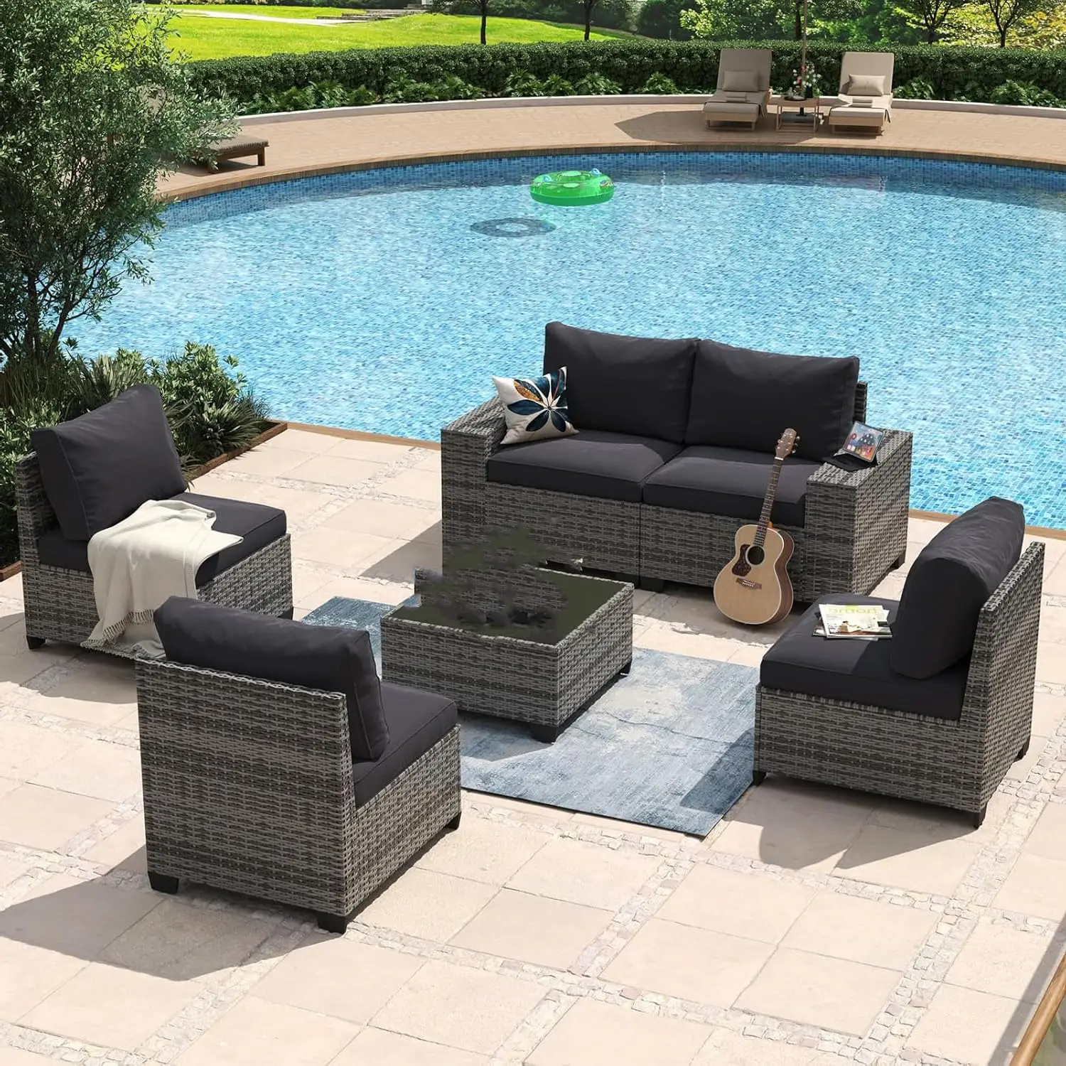 6 Piece Patio Furniture Set with Wide Armrests Wicker Rattan Outdoor Sectional Sofa Set with Coffee Table and, Customized