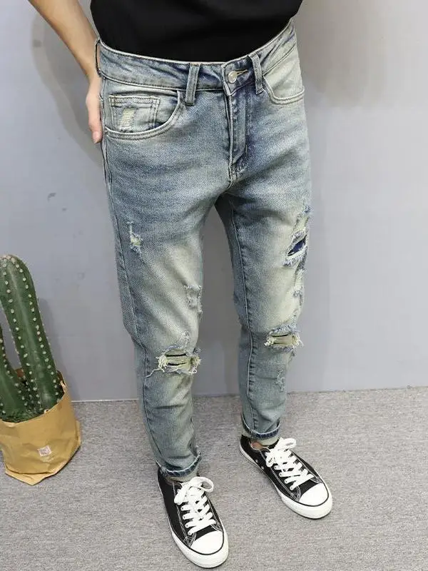 

Легкие мужские джинсовые джинсы Wa, лето 2025 г., модные облегающие эластичные брюки из девяти предметов, повседневная одежда, молодежные брюки с низкой талией на молнии