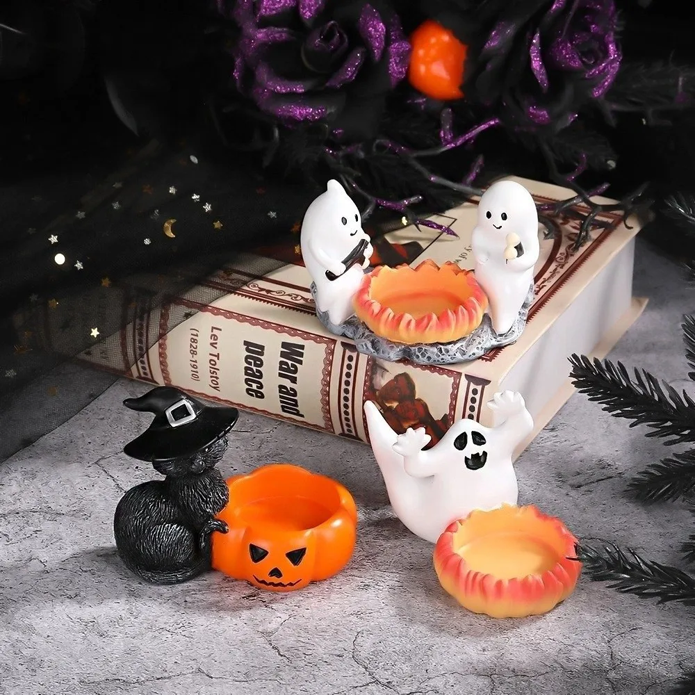 

Cartoon Halloween Candle Holder Resin Decorative Pumpkin Candelabra Vintage Desktop Ornament Halloween Decoration