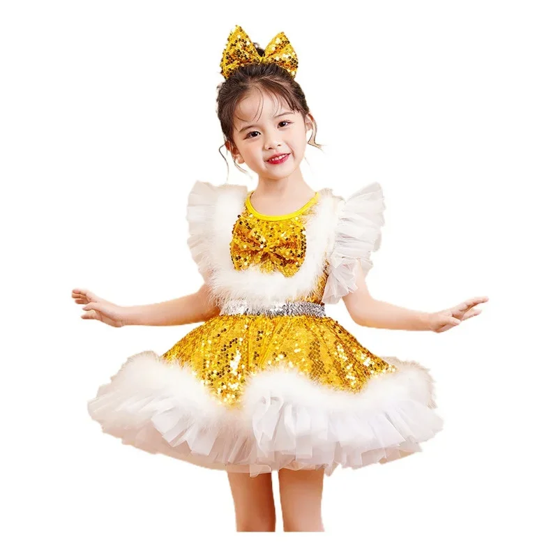 Sequin performance attire children's fluffy gauze princess girl's small host dress kindergarten dance costume