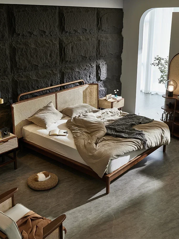 Premium Practical Long - lasting Nordic rattan bed bedroom king bed B&B hotel vintage master bedroom solid wood bed Superior