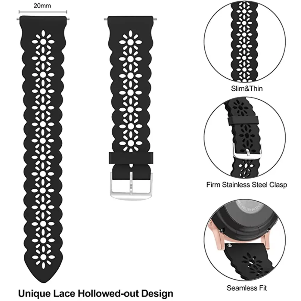Lace Flower Silicone Watch Band 20mm 22mm for Samsung Galaxy Watch 4 40mm 44mm Hollow Breathable Wavy Edge Silver Pin Buckle