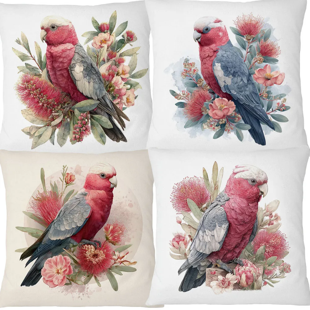 Australian Galah Birds Flower Cushion Cover Hand Painting Poster Decorative Pillowcase