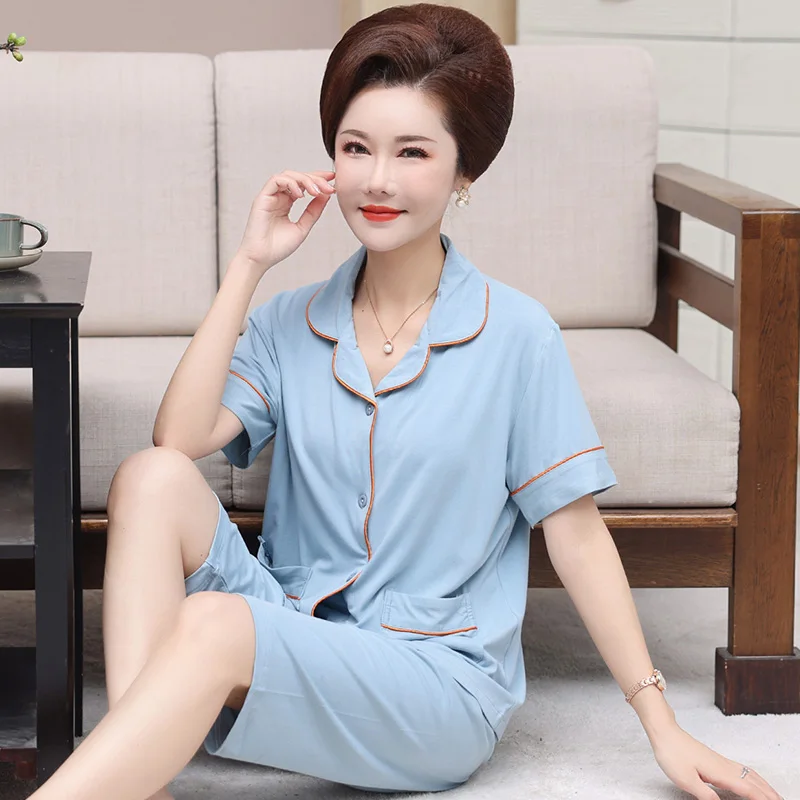 Women Nightwear Suit Summer Short Sleeve Cardigan Tops + Calf-Length Pants Pajamas Casual Tracksuit Homewear Modal Pijamas Mujer