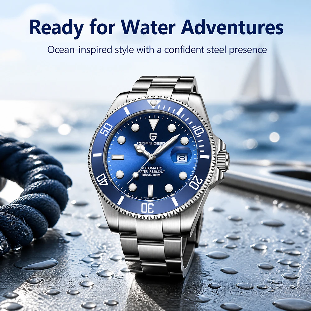 

2026 New PAGANI DESIGN PD-1639 Men's Mechanical Watch 100M Waterproof Blue Ceramic Bezel Luxury Diver Style Automatic Wristwatch