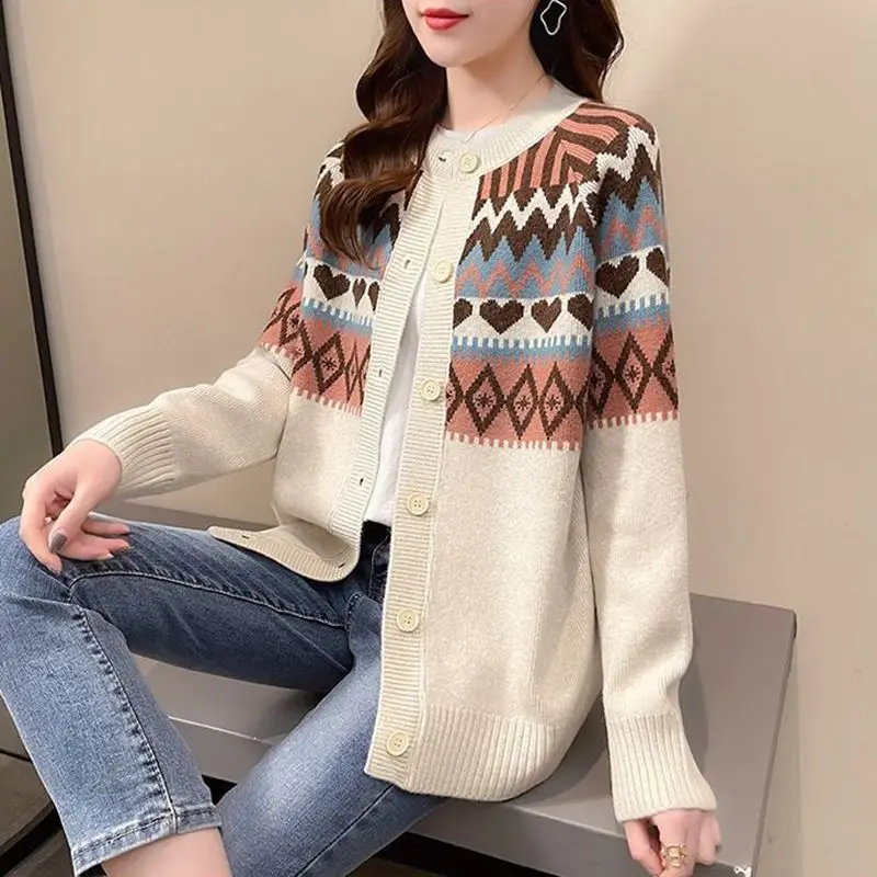 Love Jacquard Long Sleeve Knitting Cardigan Coat Women Autumn Loose O-neck Sweater Office Lady All-match Fashion Knitting Tops