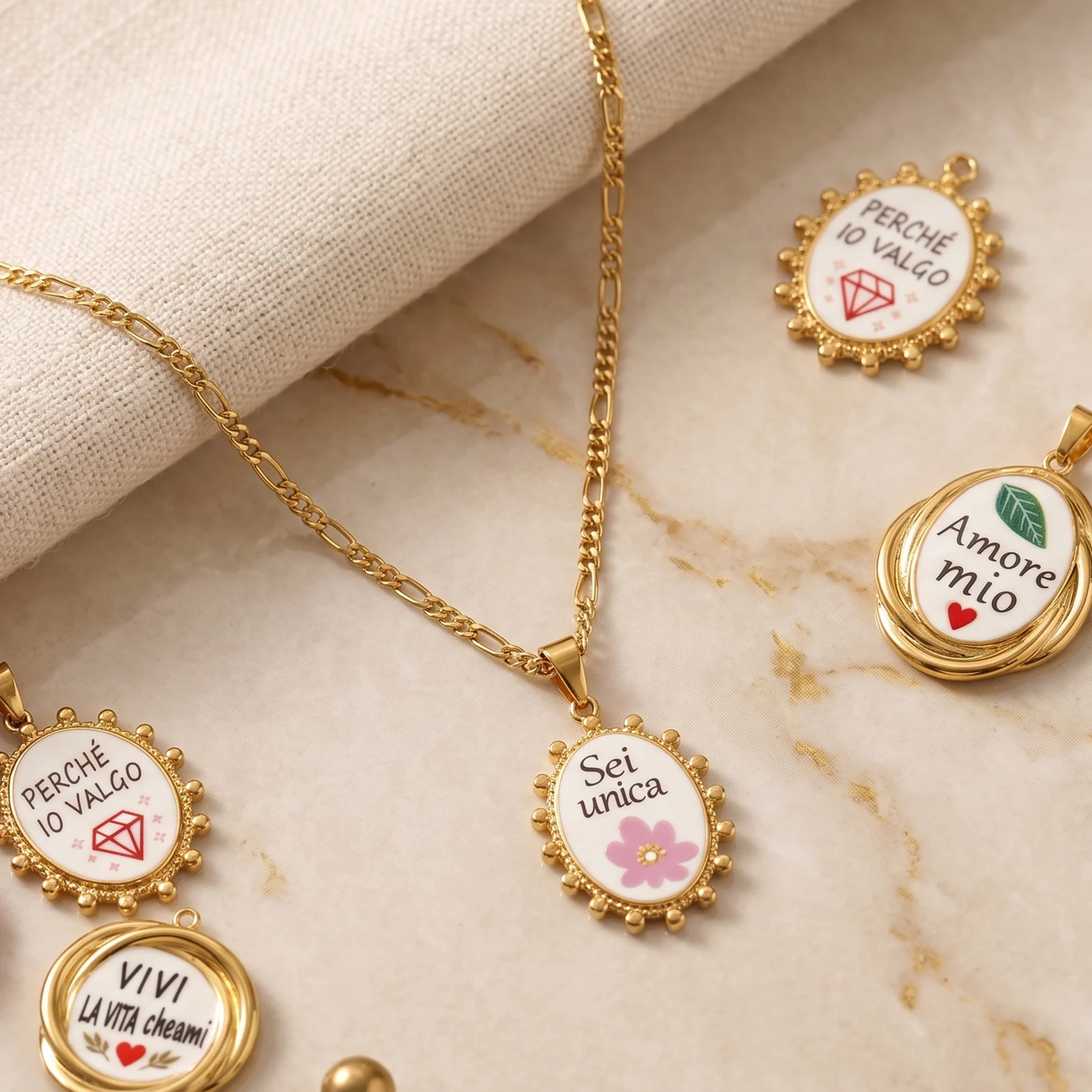 2Pcs Single Sided Printed Enamel Italian Positive Quote Oval Heart Pendant Stainless Steel Charms for DIY Neckalce Jewelry Gift