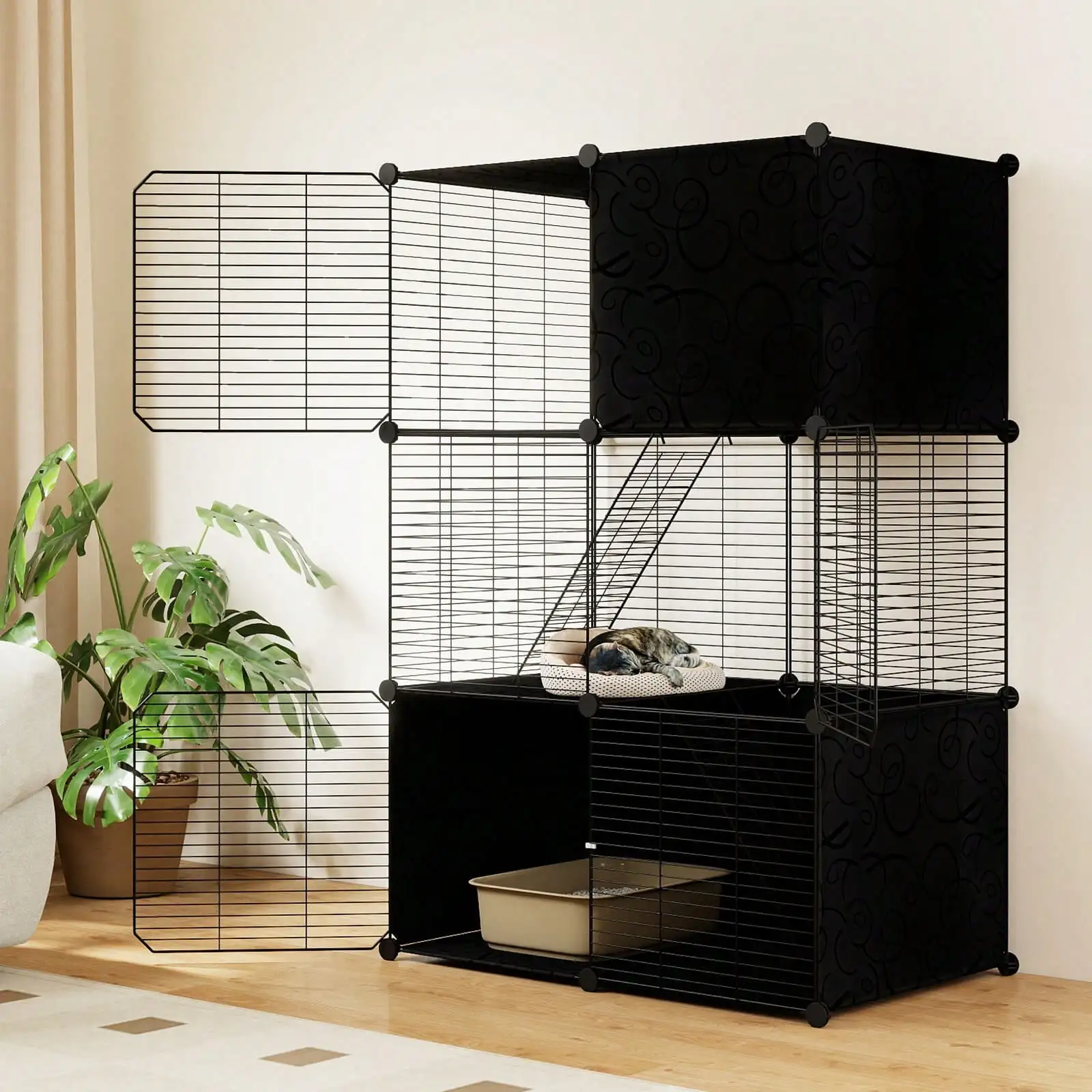 

3-Tier Indoor Metal Wire Kitten Enclosure With 2 Ramps, Pet Pen For Small Animal Black