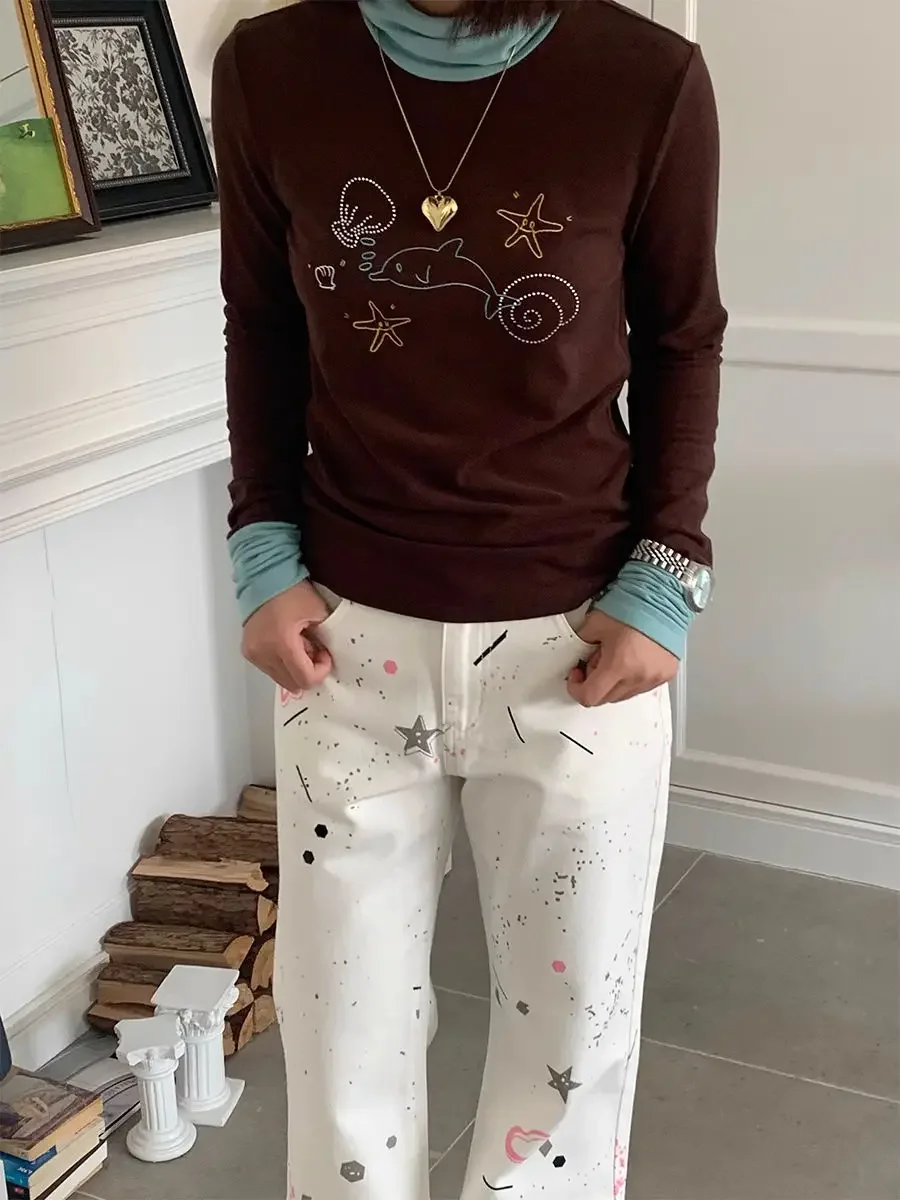 Cartoon Hot Drill Spice Girls Splicing Long-sleeved T-shirt Women's Fall Y2k Harajuku Wind Spring and Summer Bottoming Shirt