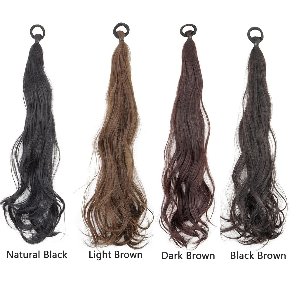 2PC Synthetic Rubber Band Ponytail Sweet Woman Black Slightly Curly Ponytail Extension Long Heat-resistant Wig