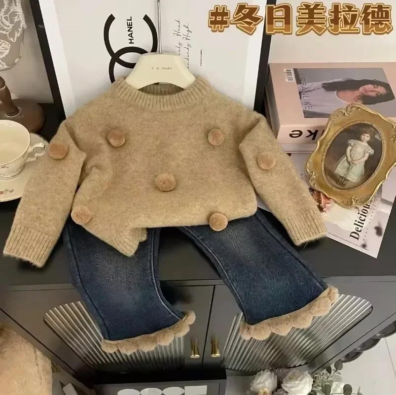 Children Sweater for Girls  Autumn and Winter  Western Korean Edition Thickened New Knitwear Winter Sweater Jeans Set