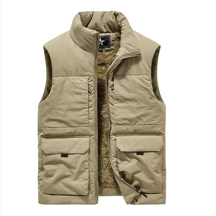 

2024 Men's Autumn and Winter Loose Velvet Thickened Warm Vest Stand Collar Casual Multi-Pocket Vest