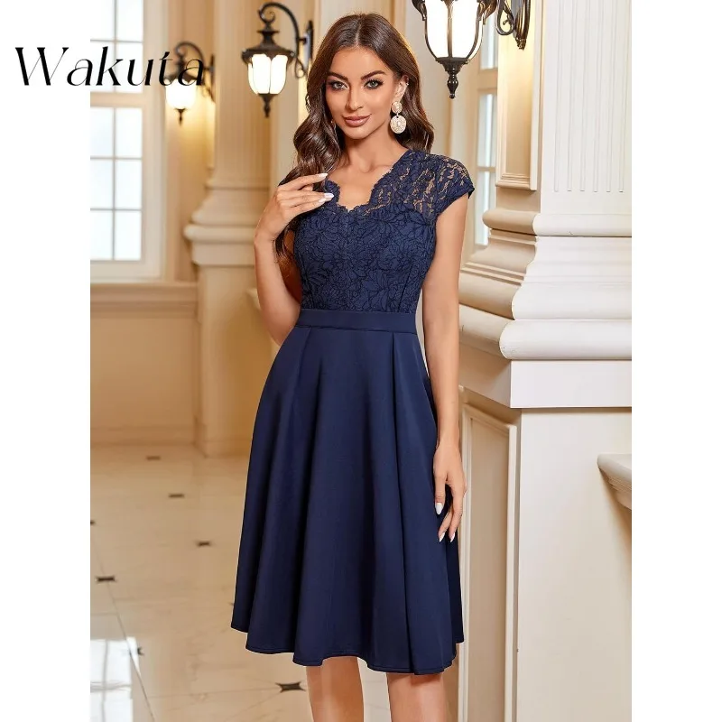 Wakuta American Classic V-Neck Canvas Solid Robes Elegant Embroidered Lace Cocktail Swing Waist Slim Dresses Коктейльные Платья