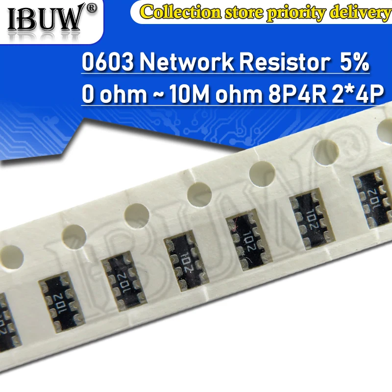 

100pcs 0603*4 8P4R 2*4P Network Resistor SMD array 0 ~ 910 ohm 1K ~ 910K 2K 2.2K 4.7K 10K 22K 47K 100K 1M 1 10 100 220 470 ohms