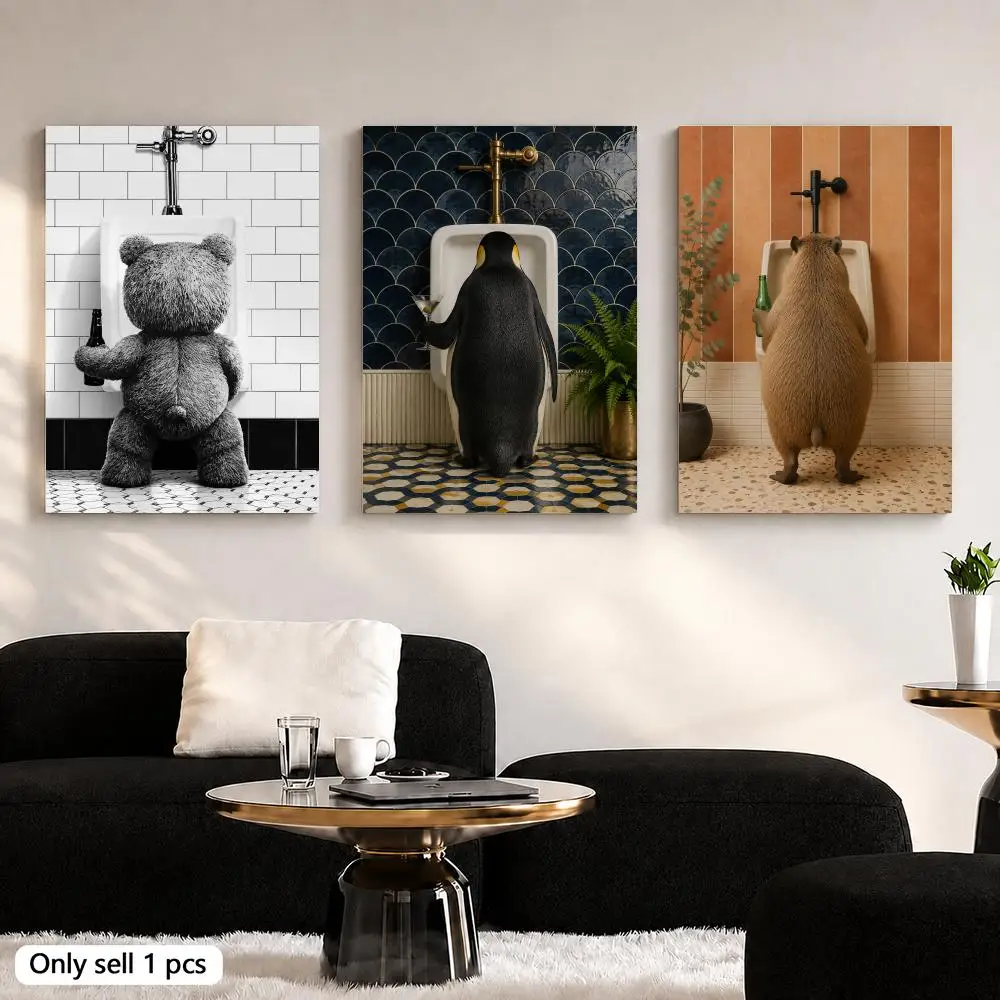 Teddy Bear with Beer in Bathroom Framed Wall Painting Ready to Hang Framed Canvas Set of 3 Poster for Room Bedroom Home Decor