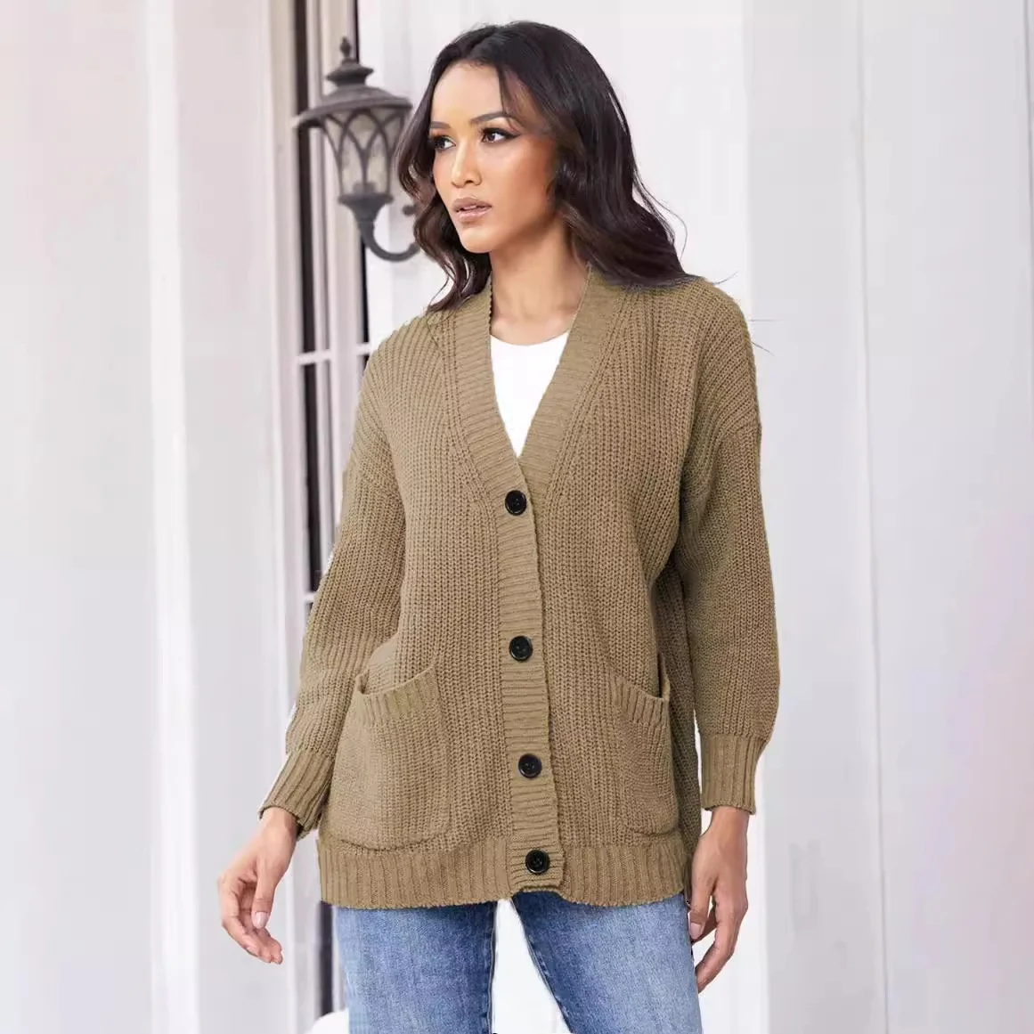 

Loose Knitted Sweater V-Ne Pure Color Women's Autumn Winter Cardigan with ket Long Sve Faion Ladies Top
