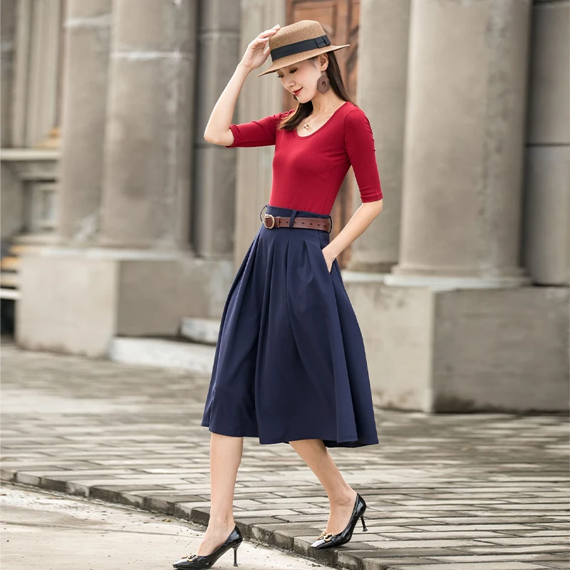 

2026 Spring Navy Blue Slub Linen Pleated Skirt, Women's Stretchy Soft Short Skirt, Versatile Mini Skirt