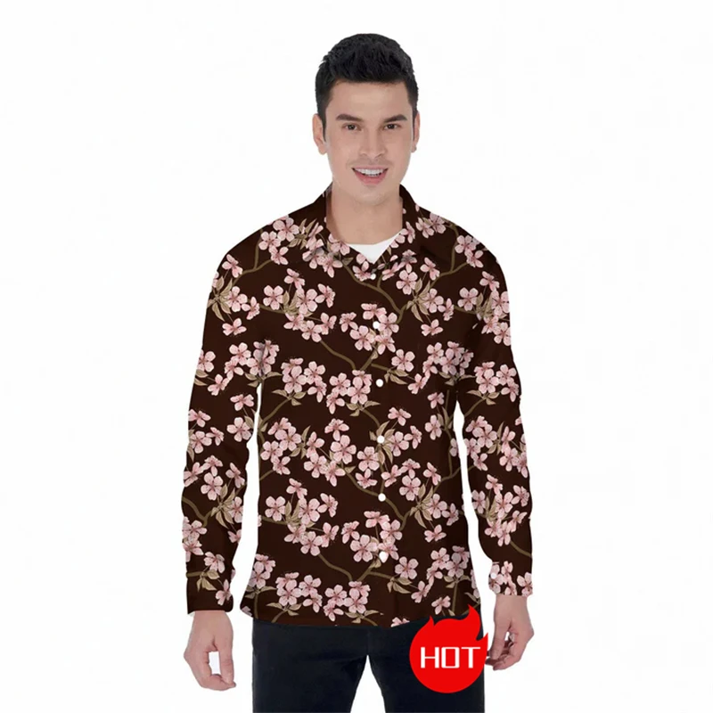 

Cherry Blossoms Graphic Unisex Button Clothing Casual Long Sleeve Shirts For Men Harajuku Male Streetwear Women Lapel Blouse Top