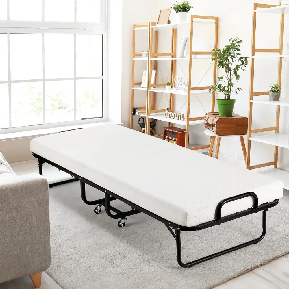 Folding Bed With Mattress, 75 By 31 Inch Cot Size, Four Inch Memory Foam, Includes Dust Proof Cover, Portable Design