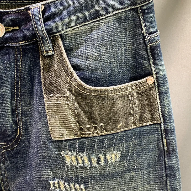 Spring and Autumn Retro Trendy Brand Splicing Patch Motorcycle Jeans Men's Slim fit Small Straight Tube Show off Thin Pants