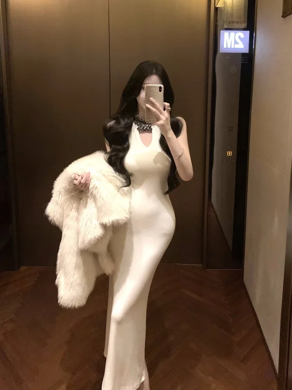 

Women Night Club Dress V-neck Hanging Neck Dress For Women 2024 Autumn White Black Tailored Fish Tail Long Dress