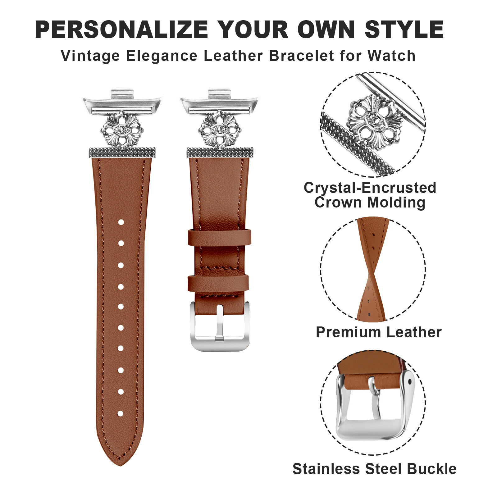 For Xiaomi Smart Band 8 Pro Watch Band Genuine Cow Leather Flower Decor Adjustable Strap - Brown