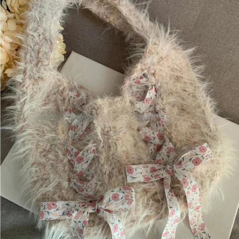 2024 Sweet Y2k Aesthetic Fluffy Handbags Fairy Bandage Bow Women Underarm Bag Faux Fur Fashion Chic Shoulder Bags Korean Casual