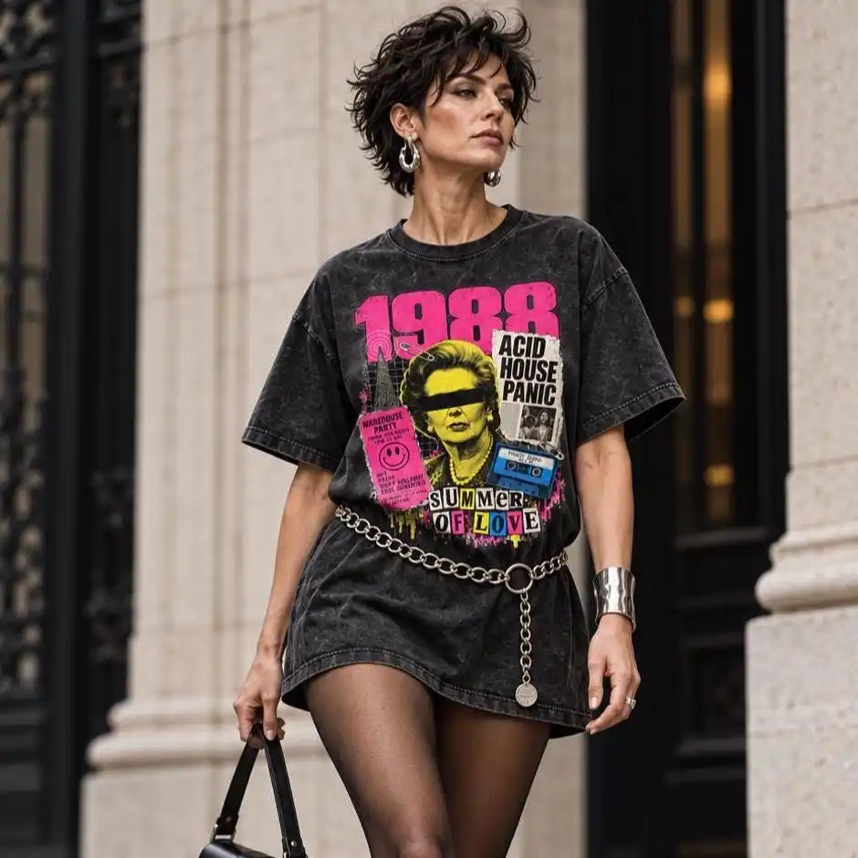 1988 Acid House Oversized Graphic Print Washed Tee Gift for Women Cotton Heavyweight Streetwear Dark Fantasy Art Unseix Top