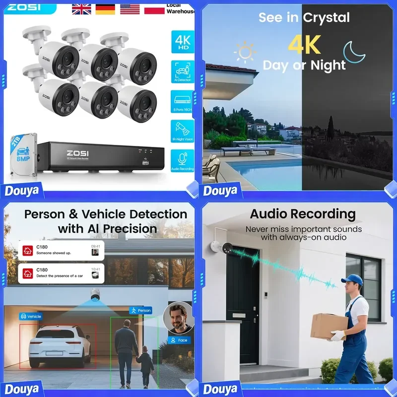ZOSI C180 4K PoE CCTV Camera System 8MP HD IP Cameras Outdoor Indoor Audio Recording 8CH NVR(16CH Expandable) Video