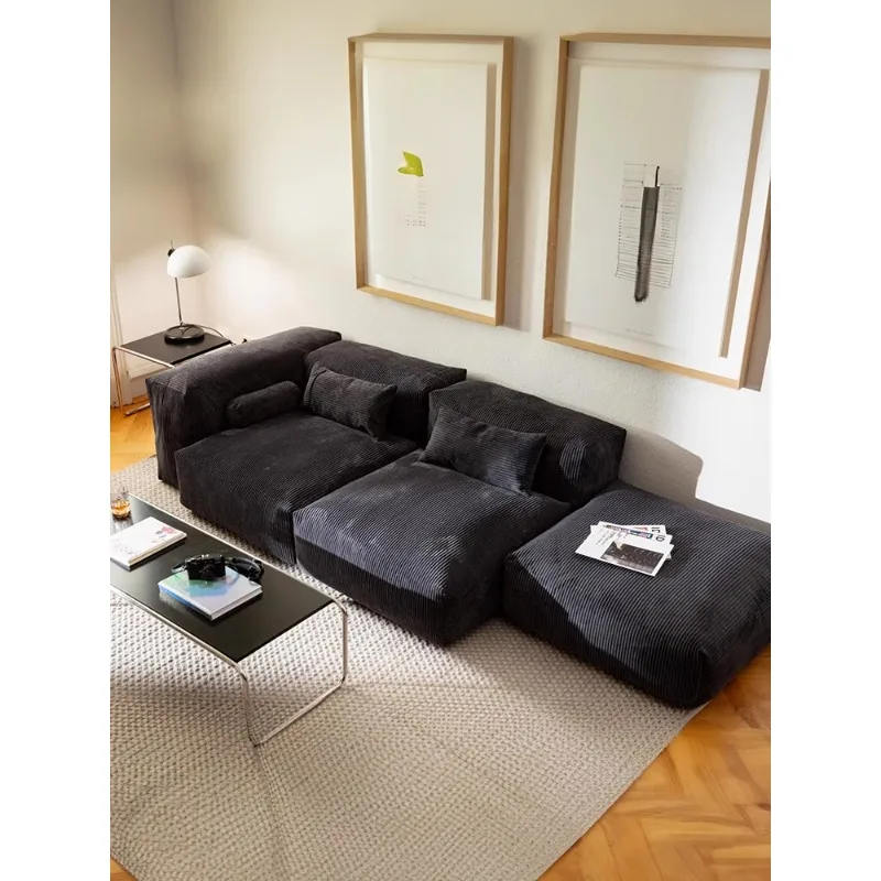 Corduroy tofu sofa, living room size, apartment type, wabi silent wind, single armrest, wide combination module sofa, black.