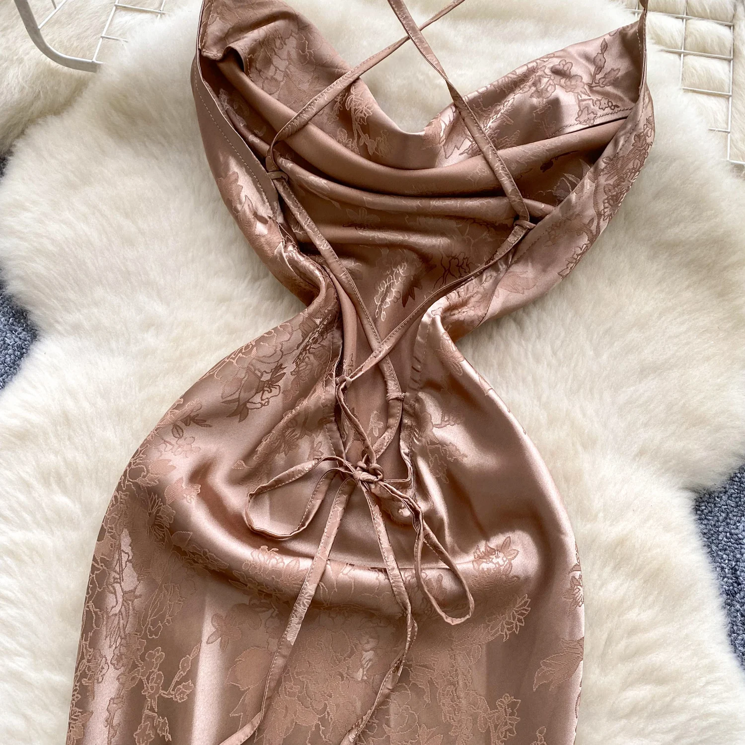 Seksowna, dopasowana sukienka vintage z satyny żakardowej, bez pleców, bez rękawów, długa, syrenka, elegancka letnia sukienka, odzież damska na wakacje.