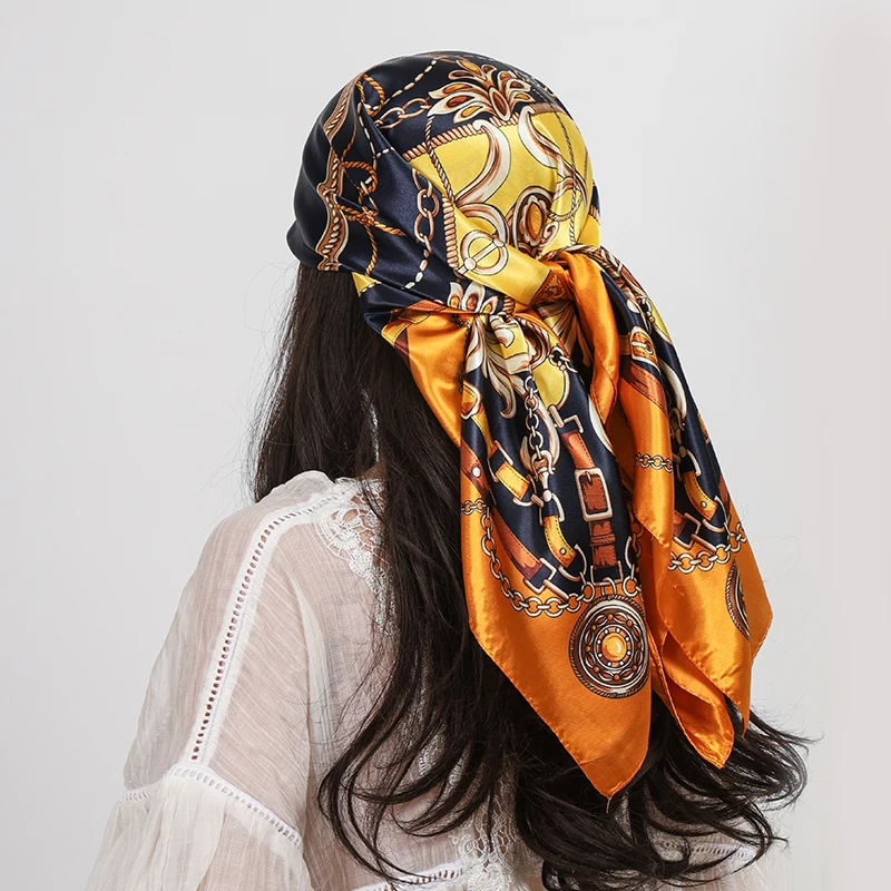 Luxus Marke 90 cm Platz Silk Schal Frauen Schals Wraps Hijab Schals Drucken Kopftuch Femme Kopf Schal Foulard Bandana Strand pareo – Detail 6
