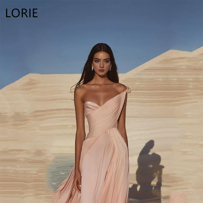 

LORIE Customized One Shoulder Pink Satin Party Dresses Ribbon Homecoming Evening Prom Dress Sleeveless Floor-Length Prom Gown