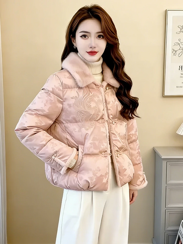 

Stylish Short Thickened Cotton Jacket Women's Winter New Fashion Embroidery Fur Collar Warm Outerwear Korean Style Loose Fit