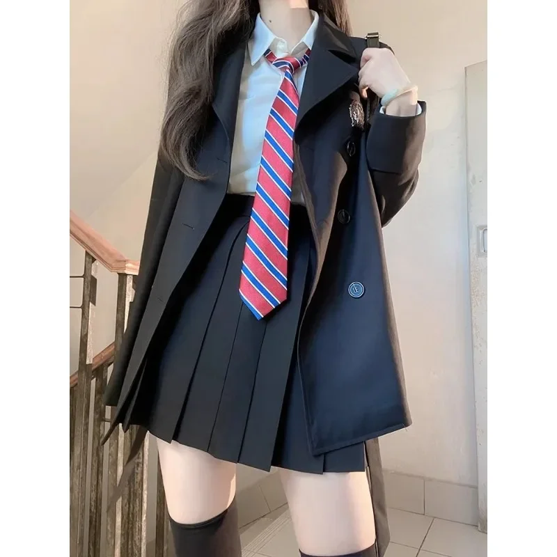 Xgoth Jk Skirt Set Lapel Loose Casual Coats Tops White Shirts Pleated Mini Skirts Preppy Korean Style Uniform Three Piece Sets