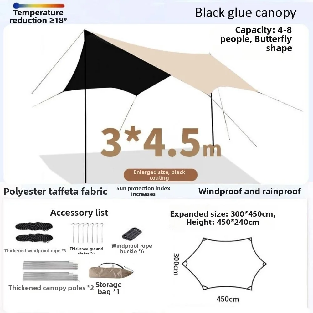 3x3/3x4.5m Camping Tarp Shade with Pole Large Camping Tent Octagon Butterfly Sunscreen Rainproof Waterproof Beach Tourist Canopy