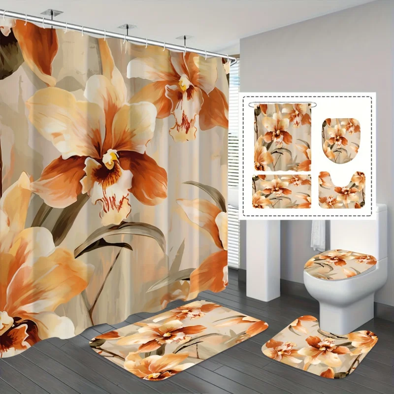 Vintage Orange Floral Water-Resistant Shower Curtain Set with Bath Mat, U-Shaped Rug, and Toilet Lid Cover, Knitted Polyester, M