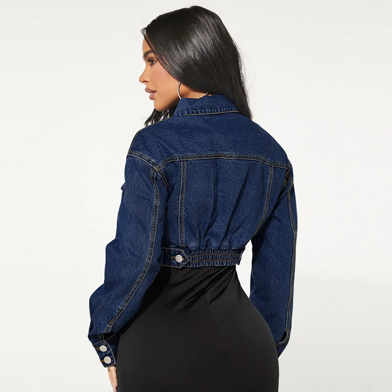 Customized LOGO women's new denim rubber band button cardigan long-sleeved short denim jacket