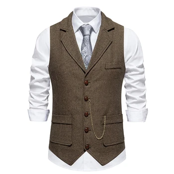 Men's Retro Lapel Chain Vest Fashion Herringbone Coarse Tweed Pockets Suit Vest British Casual Vintage Gentleman Leisure Party 4