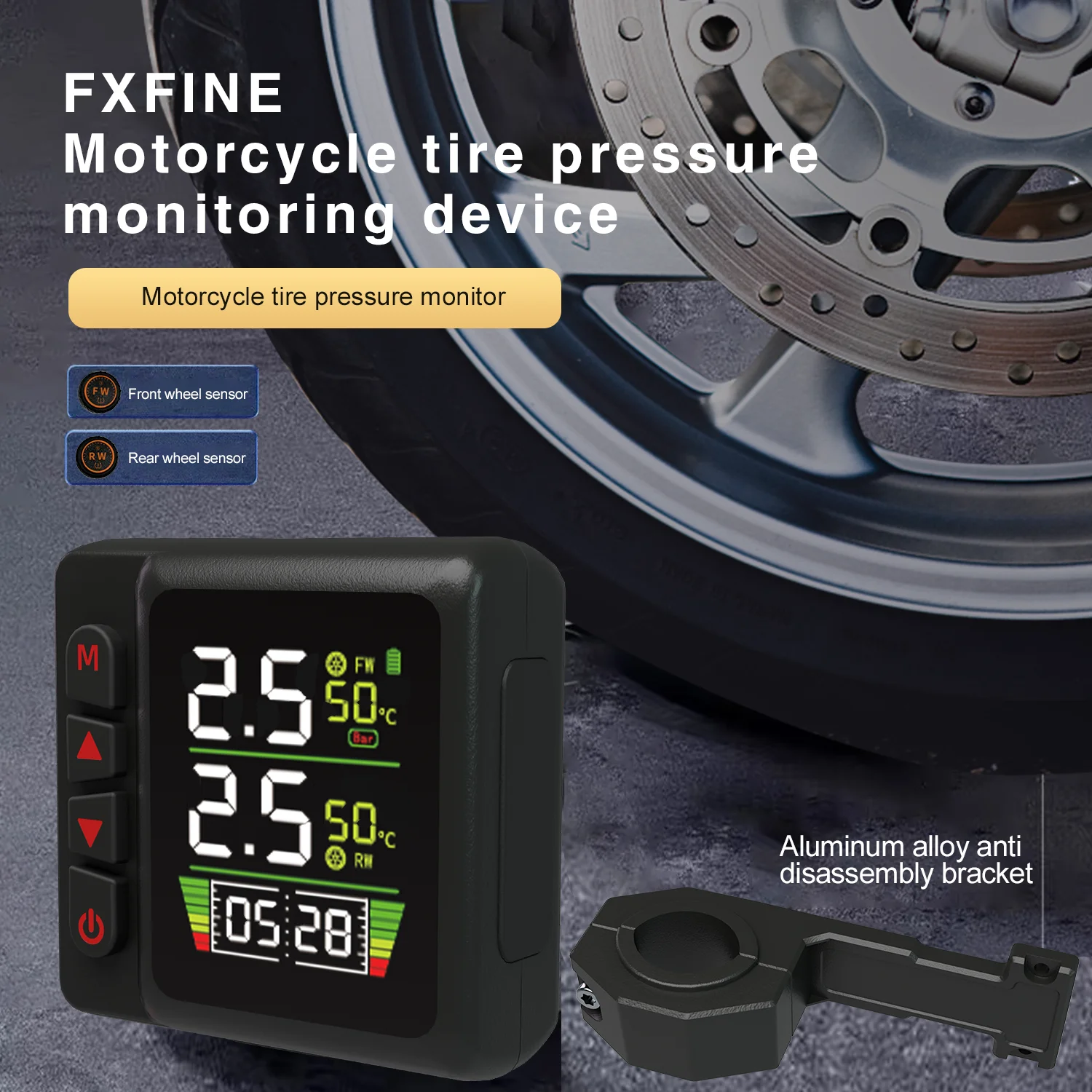

Motorcycle TPMS Tire Pressure Monitors Temperature Monitoring Alarm System Clock QC3.0 USB Fast Charging for Phone Waterproof