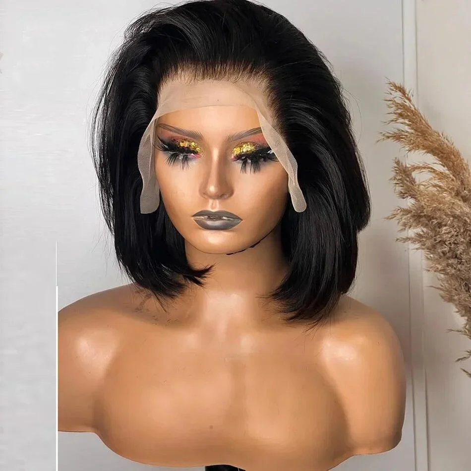 

Soft Natural Black Glueless 180Density Short Bob Straight Deep Lace Front Wig For Women With Baby Hair Preplucked Daily